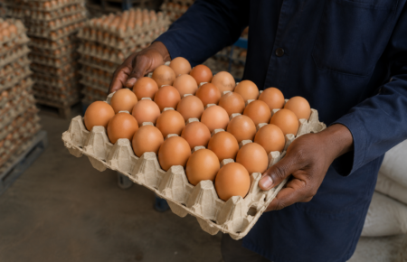 Farmer holding tray of fresh GoldNest eggs