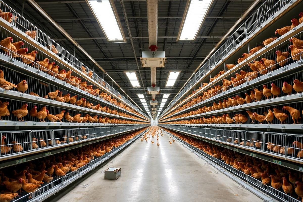 Modern chicken egg laying factory interior